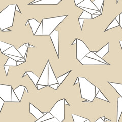 Origami paper birds pattern on beige background