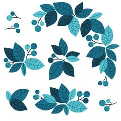 Blue trends leaves and berries isolated elements on white background for design template. Hand-drawn vector illustrations for poster, card or background
