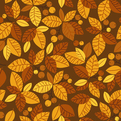 Autumn gold and brown leaves and berries. Hand-drawn vector seamless pattern for poster, card or background