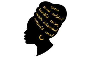 Black woman Silhouette. African American girl  in a head wrap and with an earring.  Beautiful girl profile. Decorated with hand written text.  Vector clipart
