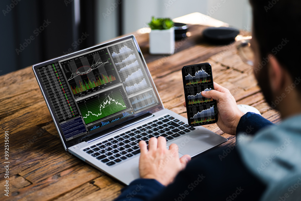Poster stock exchange business analyst using computer