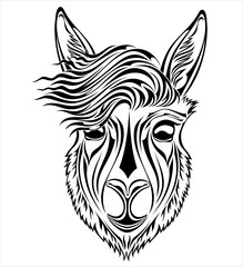 Stylized alpaca face for tattoos, logos and emblems.