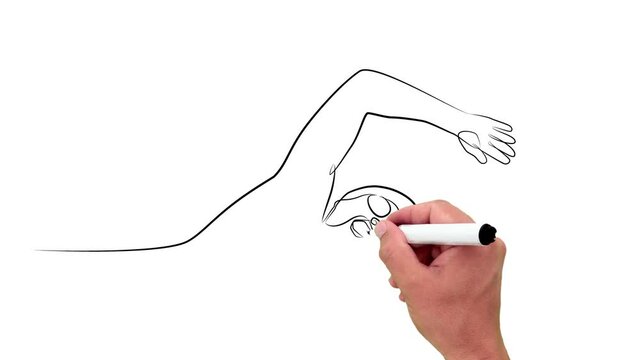 Swimmer in one line. Black line animation with pencil on white background