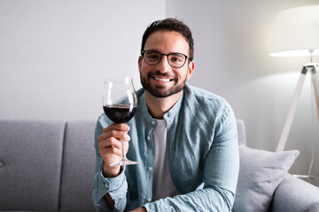 Man Drinking Red Wine In Video Conference
