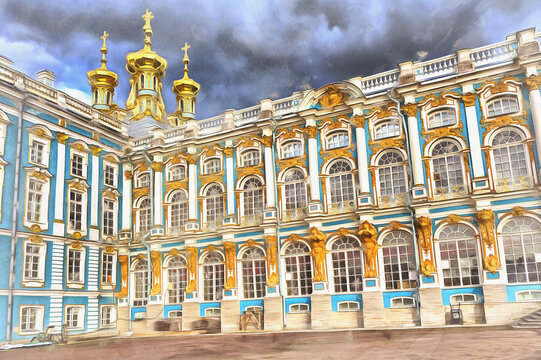 Catherine palace colorful painting, 1756, Pushkin, Tsarskoye Selo Russia.