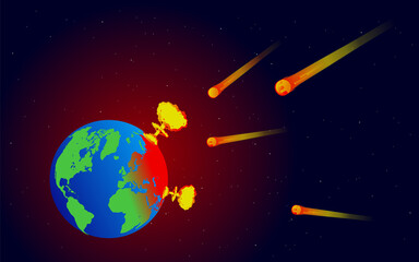 Obraz na płótnie Canvas Armageddon the end of the world - Asteroids and comets crashing into earth. Global extinction concept. Vector illustration