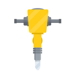 Jackhammer. Yellow device for breaking and destruction. A tool for road construction. Loud industrial work. Cartoon flat illustration