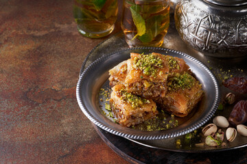 Baklava or baklawa, Ramadan Dessert. Traditional Arabic dessert with pistachios, honey and mint tea on dark surface. Copy space. Selective focus.