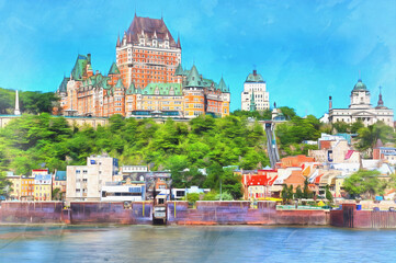 Cityscape from St. Lawrence river colorful painting, Quebec City, Quebec, Canada.