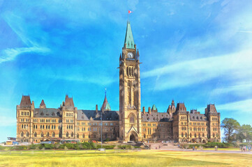 Fototapeta na wymiar Parliament building colorful painting, Ottawa, Ontario Canada.