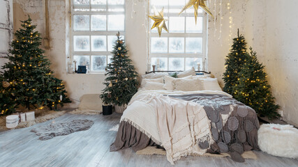 Beautiful cozy bedroom with winter style interior