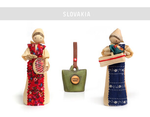 Souvenirs (magnets) from Slovakia isolated on white background. The inscription means the name of...