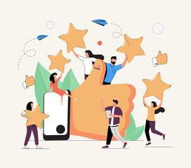 Vector illustration of a vote, measurement of customer satisfaction and star rating, satisfactory rating, hand shows.