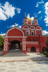 Fototapeta premium Facade of red brick Christian cathedral building in Moscow