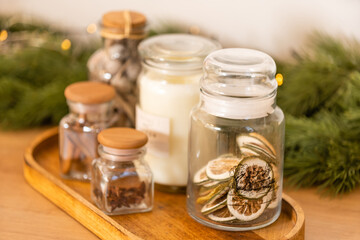 Rustic kitchen details for Christmas. Rustic kitchen table setting and decor for New Year close-up and copy space.