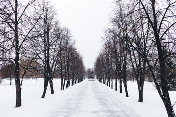 Russian winter, river bridge in the Park.Snow and ice on the road.