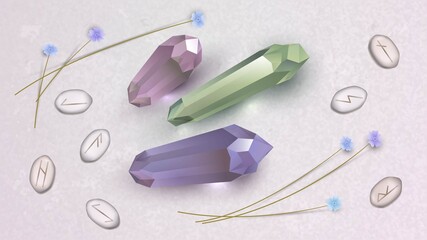 Vector illustration with runes and crystals. Magic items of a witch or fortune teller