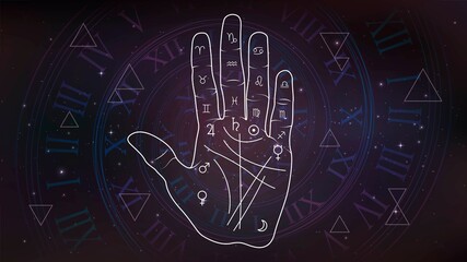 Palm with palmistry diagram on the background of space