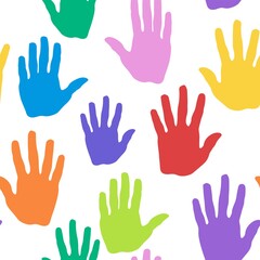 Seamless pattern with multicolored palms on a white background, funny handprints