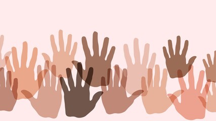 Background with multiethnic human palms, hands of different people, freedom and social justice concept