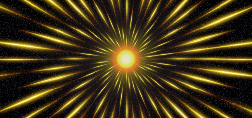 Explosion of golden lights abstract background. Starburst dynamic lines or rays with golden light. Sci-fi motion wallpaper with infinity and space speed motion