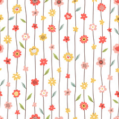 Seamless pattern with flowers, leaves and grass. Freehand drawing