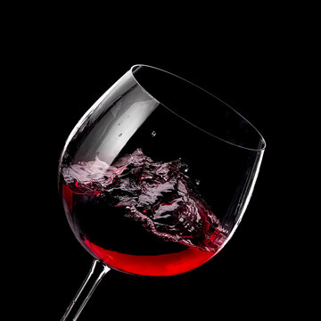 Red wine glass plash on black background