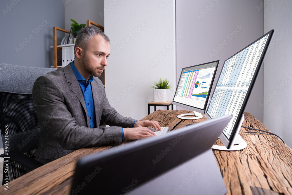 Poster analyst employee working with spreadsheet