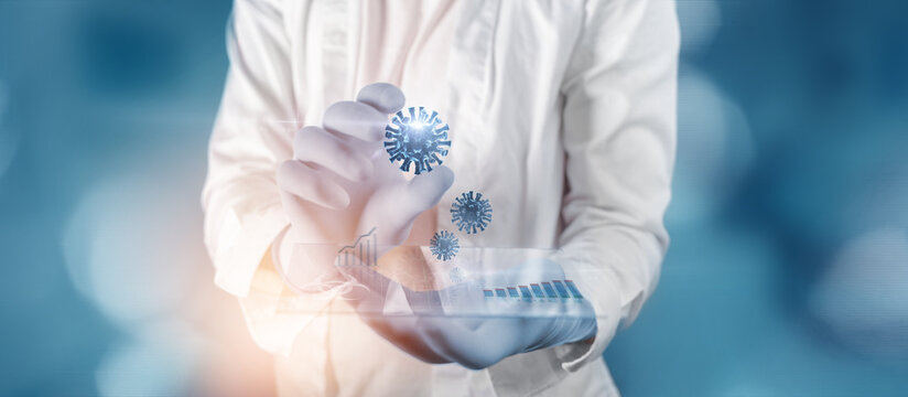 Covid-19 concept in the laboratory. High Tech holographyc virus analise.