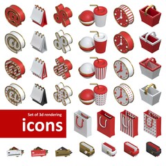 Set of 3D rendering web icons. Combination of colors - red, white, black, gold for your business. Isometric objects on an isolated background.