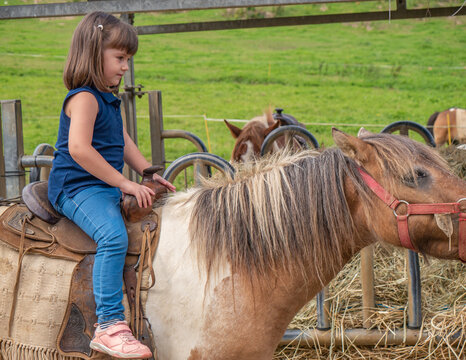 Girl with two pigtails riding a pony
