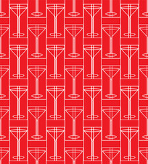 Geometric seamless pattern. Illustration of cocktail glass, alcoholic drink, dry Martini. Stylish monochrome white thin outline texture. Red editable color background. Vector