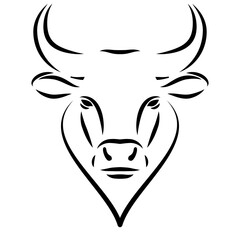 Black line bull head or ox logo Isolated on white background. Chinese new year 2021 year of the ox. Simple outline face with lines.