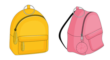 Set of backpacks, yellow and pink isolated on white background. Vector illustration.