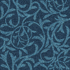 Denim seamless pattern with floral ornament. Intertwined twigs with leaves on blue jeans background.