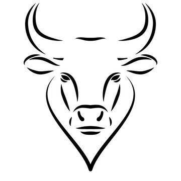 Black line bull head or ox logo Isolated on white background. Chinese new year 2021 year of the ox. Simple outline face with lines.