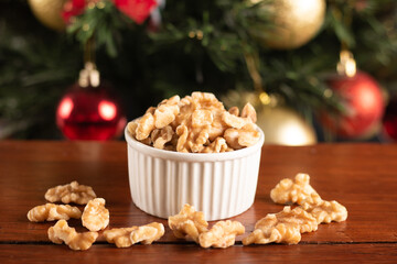 Traditional christmas food walnuts. Christmas Party Decoration.