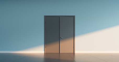 Double closed door starts to open, on empty wall of a public space interior. 3D render