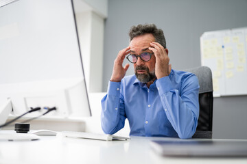 Worry Businessman With Migraine At Computer