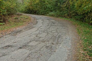 emergency section of the road from a turn with gray asphalt in cracks and potholes among green vegetation