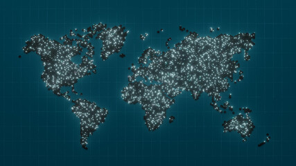 Abstract night world map with luminous cities on it. 3D render