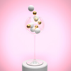 christmas concept, glass with balls on pink background, copy space