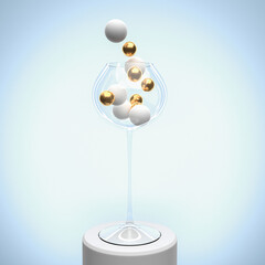 christmas concept, glass with balls on blue background, copy space