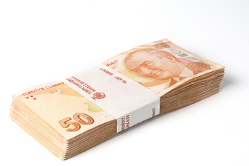 Stack of one hundred pieces fifty turkish lira bills isolated on white