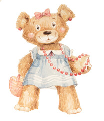 cute little bear girl with beads painted in watercolor