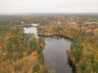 Fototapeta na wymiar Aerial drone view. Small river in the mixed autumn forest. Foliage.