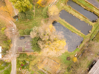 Aerial drone view. Fish breeder ponds in the autumn forest.