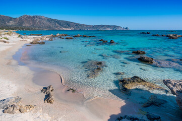 Elafonisi Beach, pink sand beach with rocks and turquoise sea - Elafonisi, Crete 
