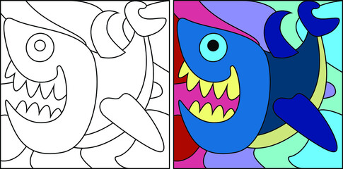Vector drawing of decorative fish. Linear, contour image for coloring and a sample in color. A book for children's creativity.