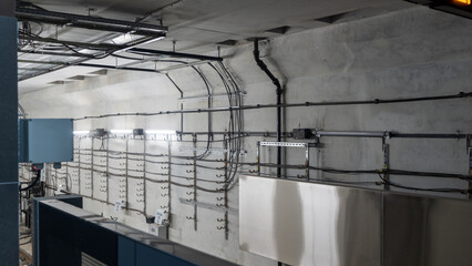 Subway metro underground tube tunnel with concrete wall and railway. Industry design. Transport concept.